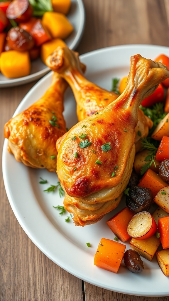 Oven-baked chicken drumsticks and thighs on a plate with herbs and roasted vegetables.